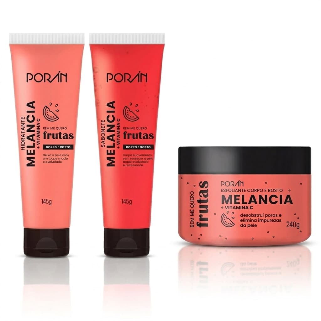 Kit Linha Completa Poran Sabonete Hidratante Esfoliante Melancia 3 Produtos 530g Hidratante e