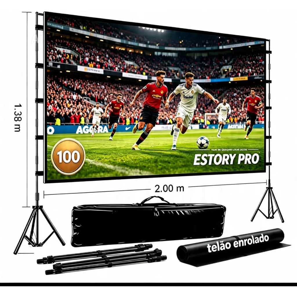 Kit Telão Tela De Projeção Projetor Com Estrutura Estory Mais Tela Pro Full Hd Para Todos Ambiente  4K Lona 1,38 X 2,00