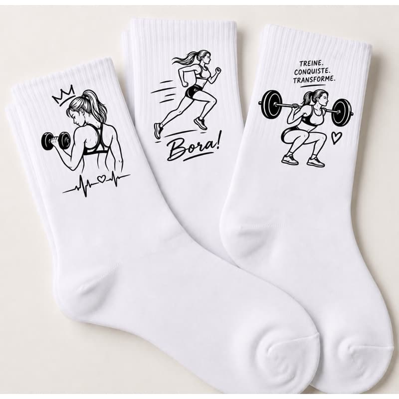 Kit 3 Pares de Meias Brancas Personalizadas Cano Alto Crossfit Academia Corrida Run Frases Unissex