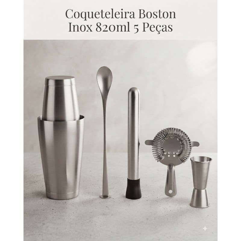 Coqueteleira inox 820ml 5 Peças Inox Barmen Dosador Preparar Drinks Bar Casa
