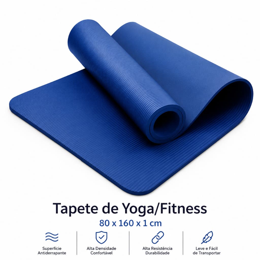Tapete Yoga Fitness 80x160cm 10mm Antiderrapante Colchonete Pilates Academia Exercícios Treino Funcional Azul