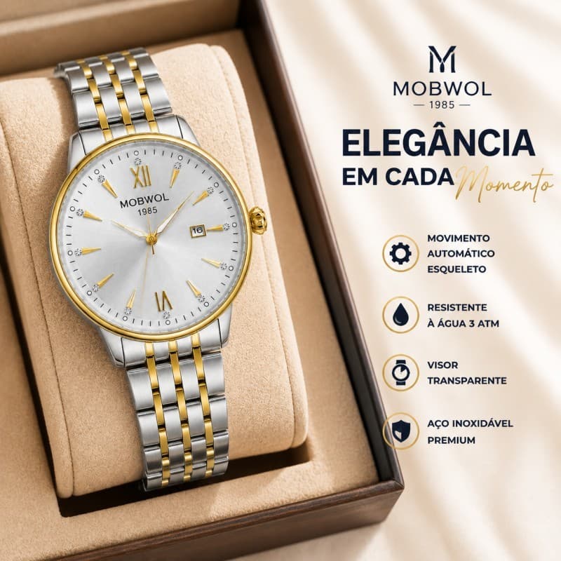MOBWOL MO2611 Relógio Masculino Quartzo Social Elegante Aço Inox Luxo Calendário 40mm Prata Dourado Premium