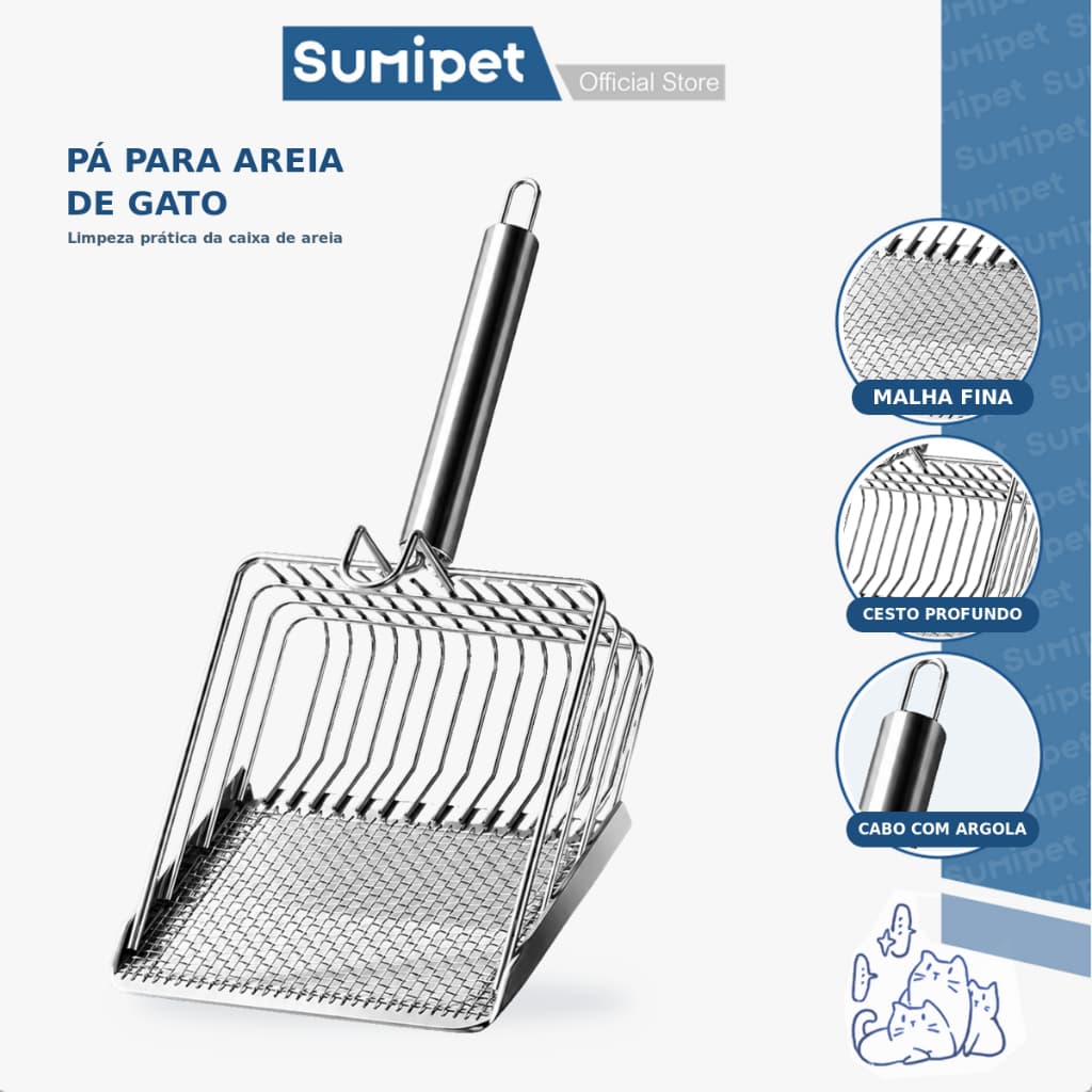 Pá Peneira para Caixa de Areia de Gato com Duas Camadas de Filtragem Metal Cromado Malha Fina Fácil de Limpar