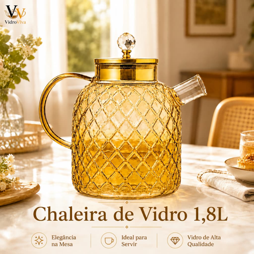 Chaleira de Vidro Âmbar 1,8L Borossilicato com Filtro Inox Bule Elegante para Chá Café Cozinha Mesa Posta e Presente