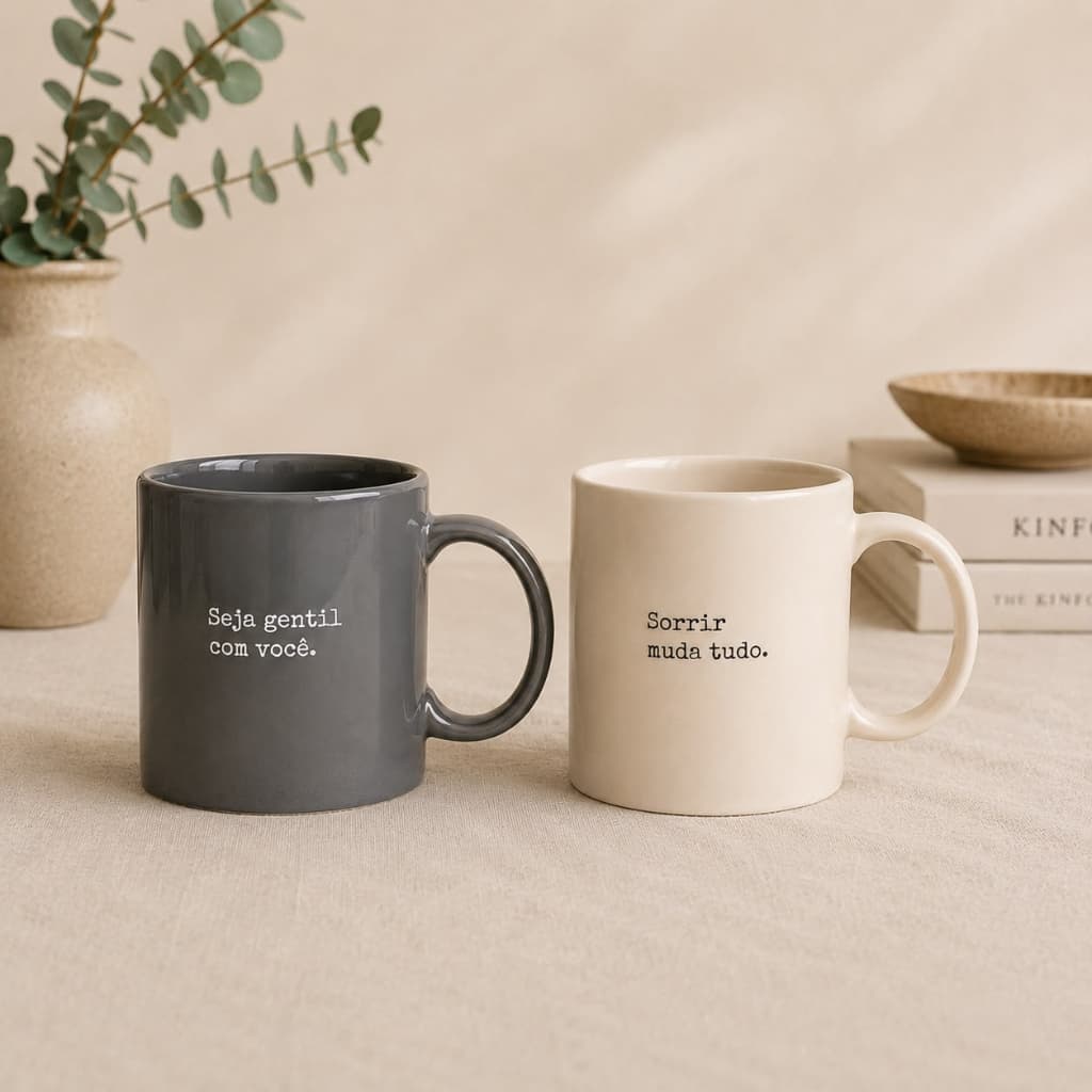 Kit 2 Canecas Grandes 320mL Cerâmica Frases Café Presente Chá Cinza Bege
