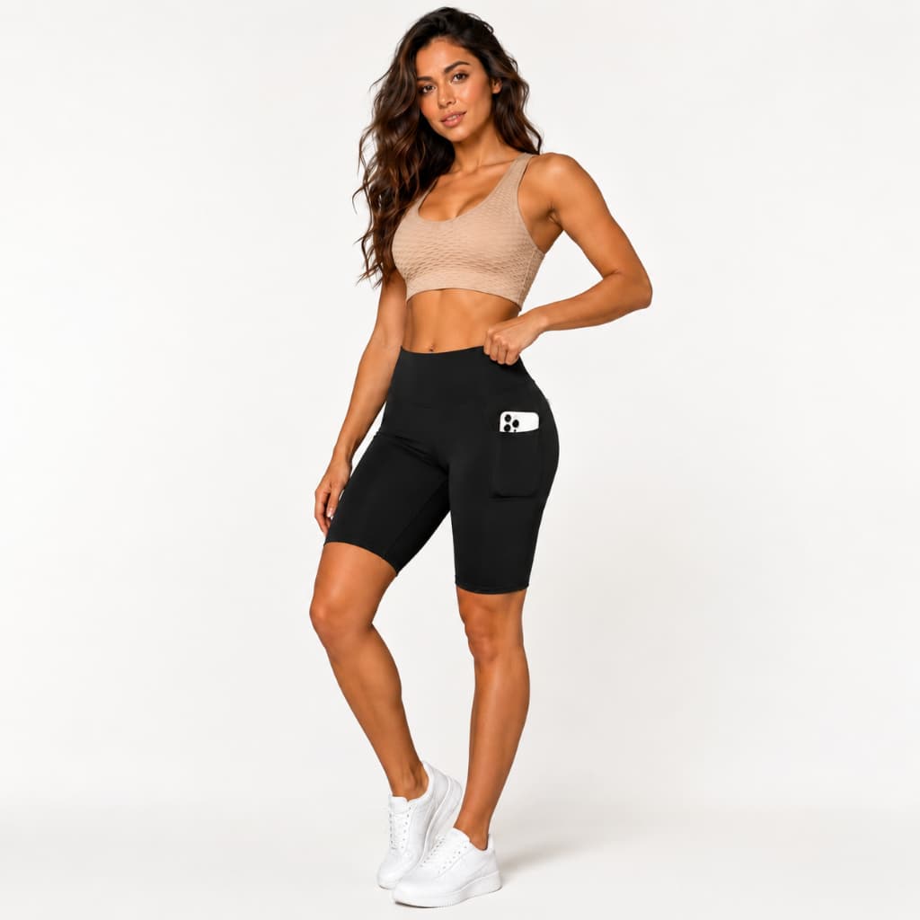 Legging Short Feminino Academia Fitness Cintura Alta com Bolsos Laterais Bermuda de Treino