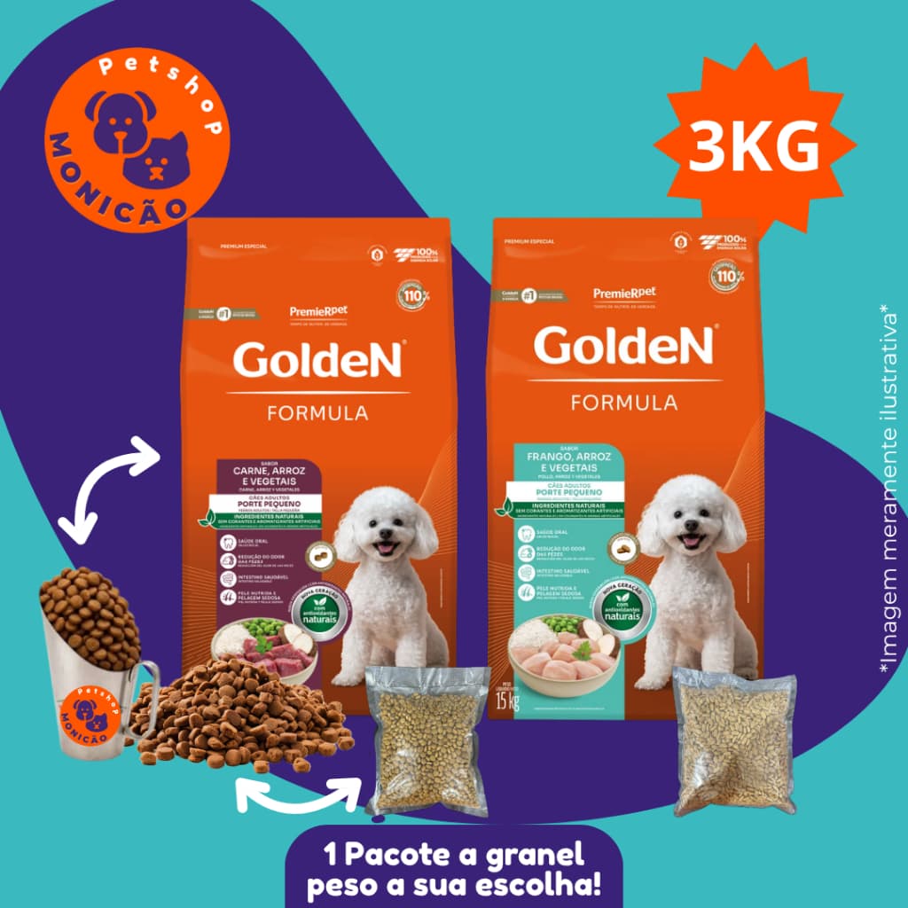 Kit 3kg Golden ração a granel sabor carne ou frango (com arroz e vegetais) raças pequenas minibits
