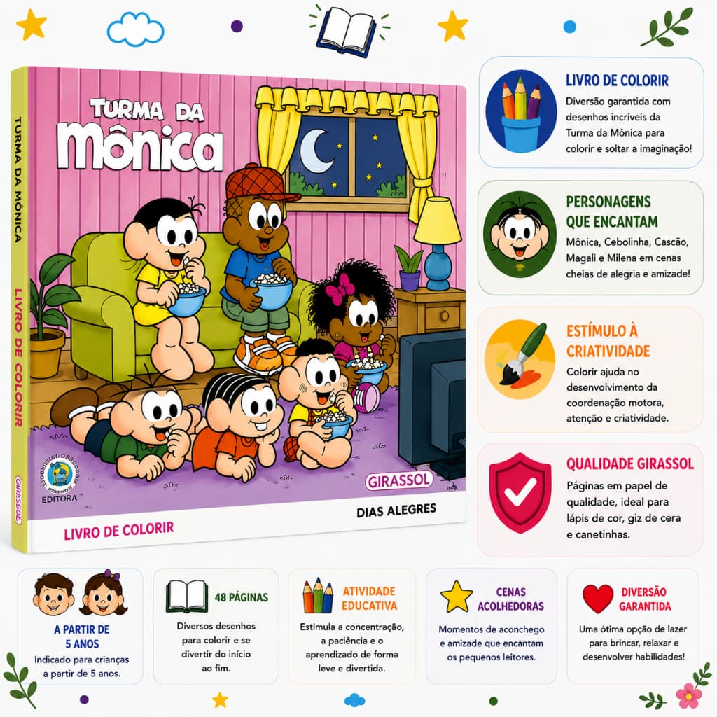 Livro de Colorir Turma da Mônica | Momentos Aconchegantes | Infantil | Girassol | + 5 anos