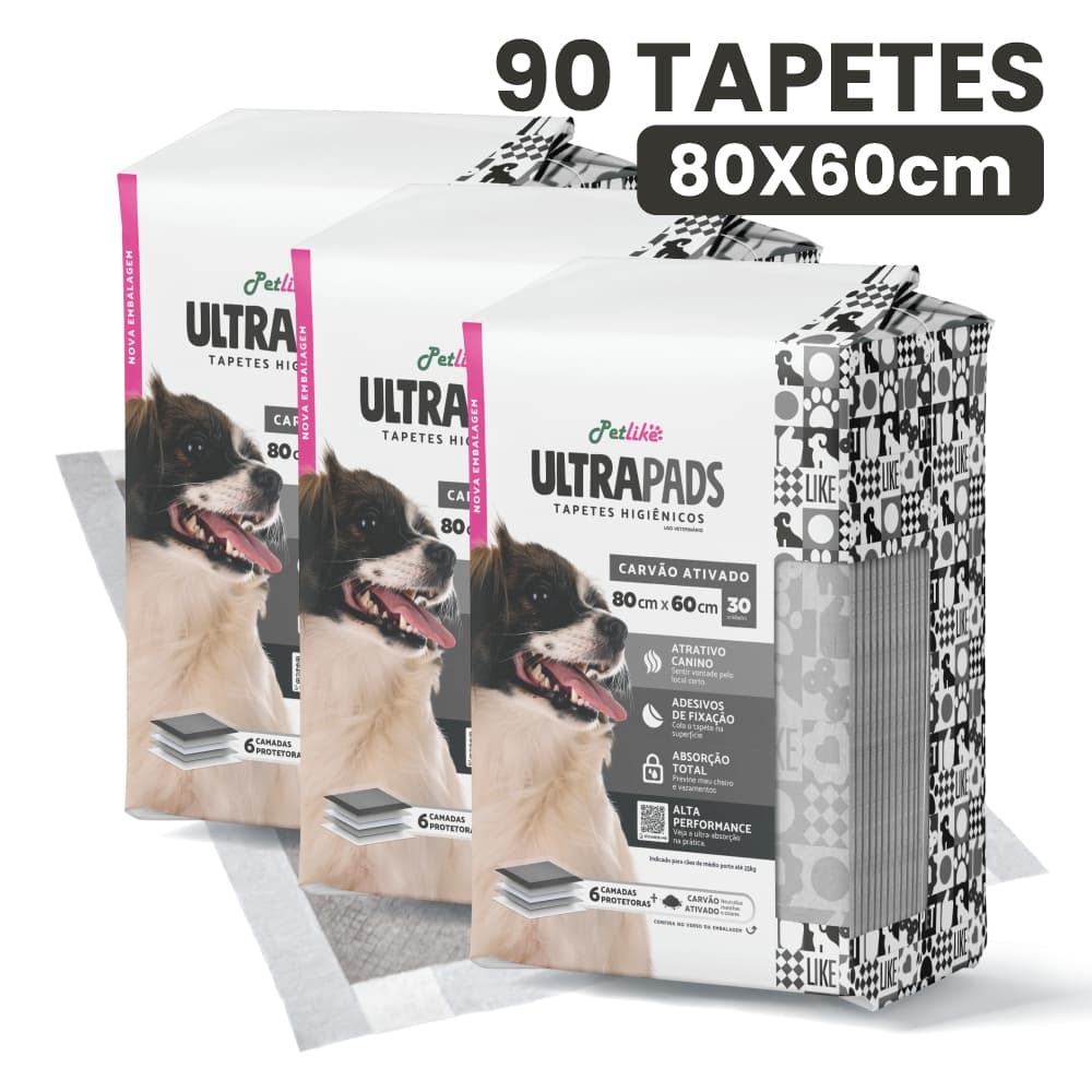 Tapete Higiênico Cães Cachorro Ultra Pads 80x60cm c/ 90 unidades Carvão Petlike
