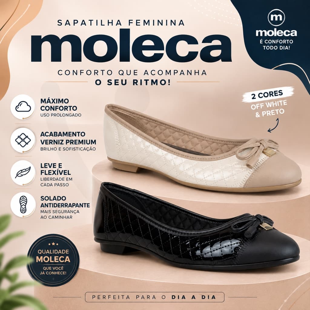 Sapatilha Feminina Moleca Clássica Laço Matelassê Bico Redondo Sapatilha Casual Confortável
