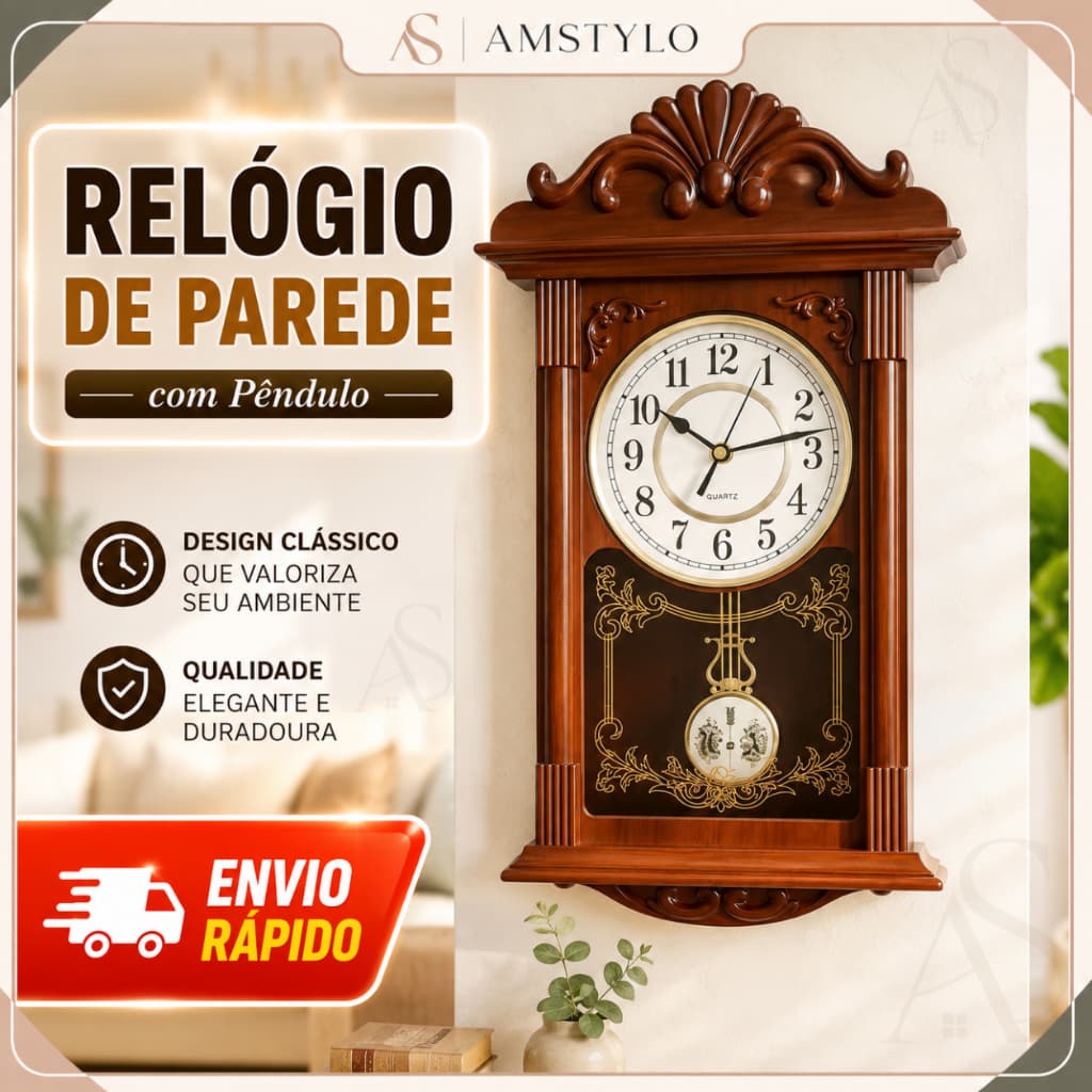 Relógio De Parede Rústico Pêndulo Analógico Vintage Antigo Grande Premium
