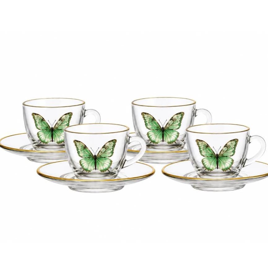 Jogo de Xícaras de Café Butterfly 85ml em Vidro com Borboletas Verdes e Detalhes Dourados - 4 Xícaras + 4 Pires Elegante