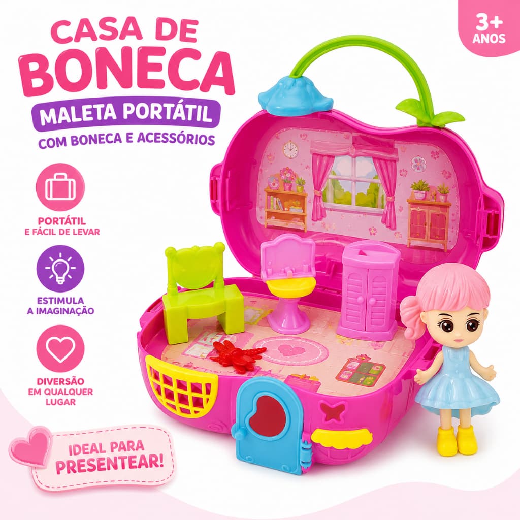 brinquedo Casa De Boneca Maleta Portátil Infantil Com Boneca Mini Móveis E Acessórios