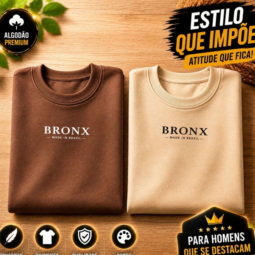 Kit 2 Camisetas Masculinas 100% Algodão Confortável Manga Curta Gola Redonda Lançamento Casual Uso Diario Unissex Bronx