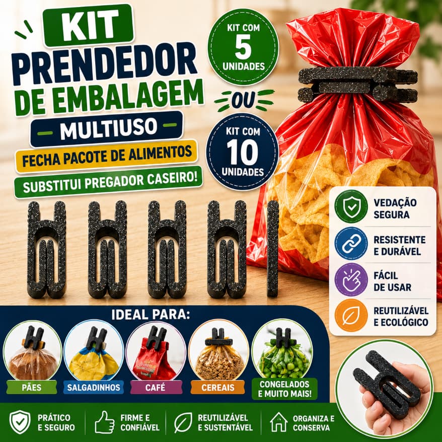 Kit Prendedor de Embalagem Multiuso - Fecha Pacote de Alimentos - Substitui Pregador Caseiro
