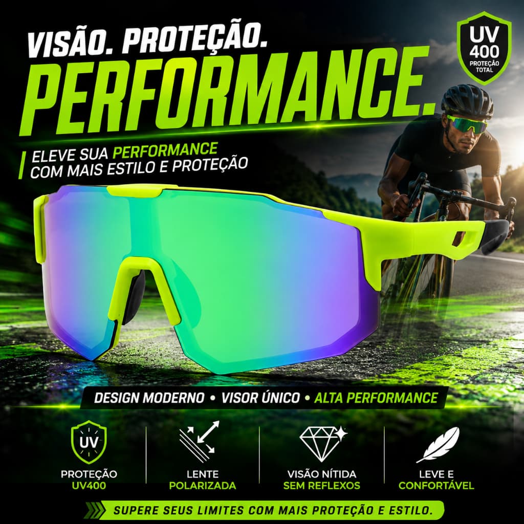 Óculos de Sol Ciclismo Esportivo Polarizado UV400 Visor Único Verde Performance Bike Corrida