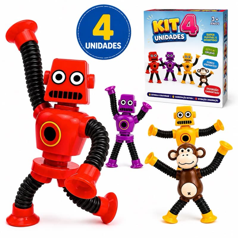 KIT 4 Unidades Robo Pop Tube Infantil com Led Macaco Estica Puxa Brinquedo Infantil Creche Escolinha Diversao Macaquinho