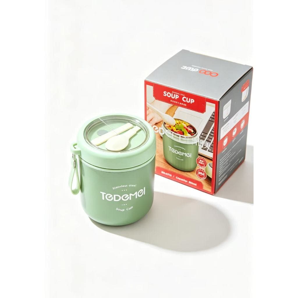Copo para Sopa 530ml em Aço Inox 304 com Tampa Antivazamento, Colher e Alça Portátil