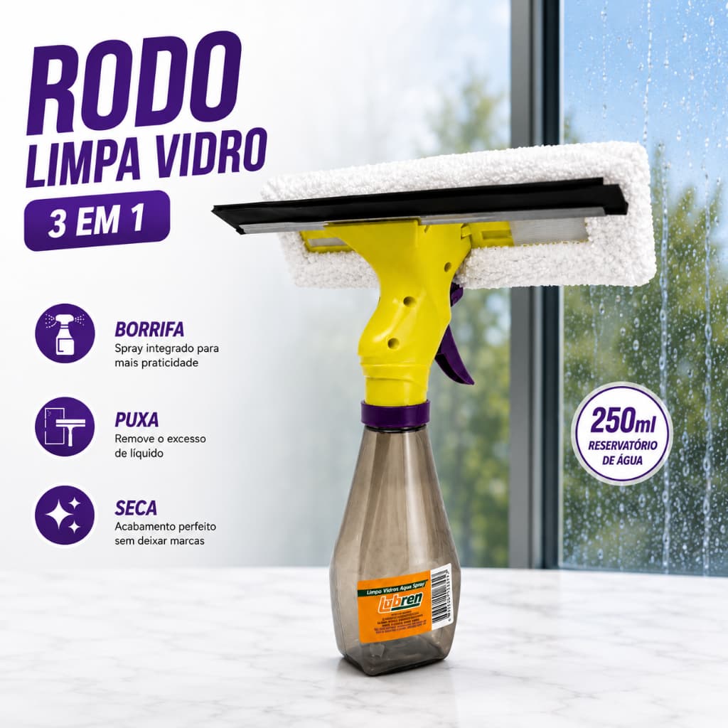 Rodo Limpa Vidro Spray 3 em 1 250ml Mop Limpador de Vidros Multiuso