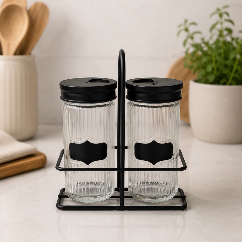 Porta Temperos 85ml 2 Potes com Etiqueta Preta e Suporte Aramado Cozinha Mesa Condimentos