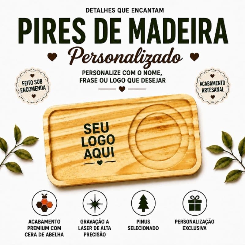 Pires em Madeira Personalizado com Nome, Foto ou Logotipo | Organizador de Mesa Madeira