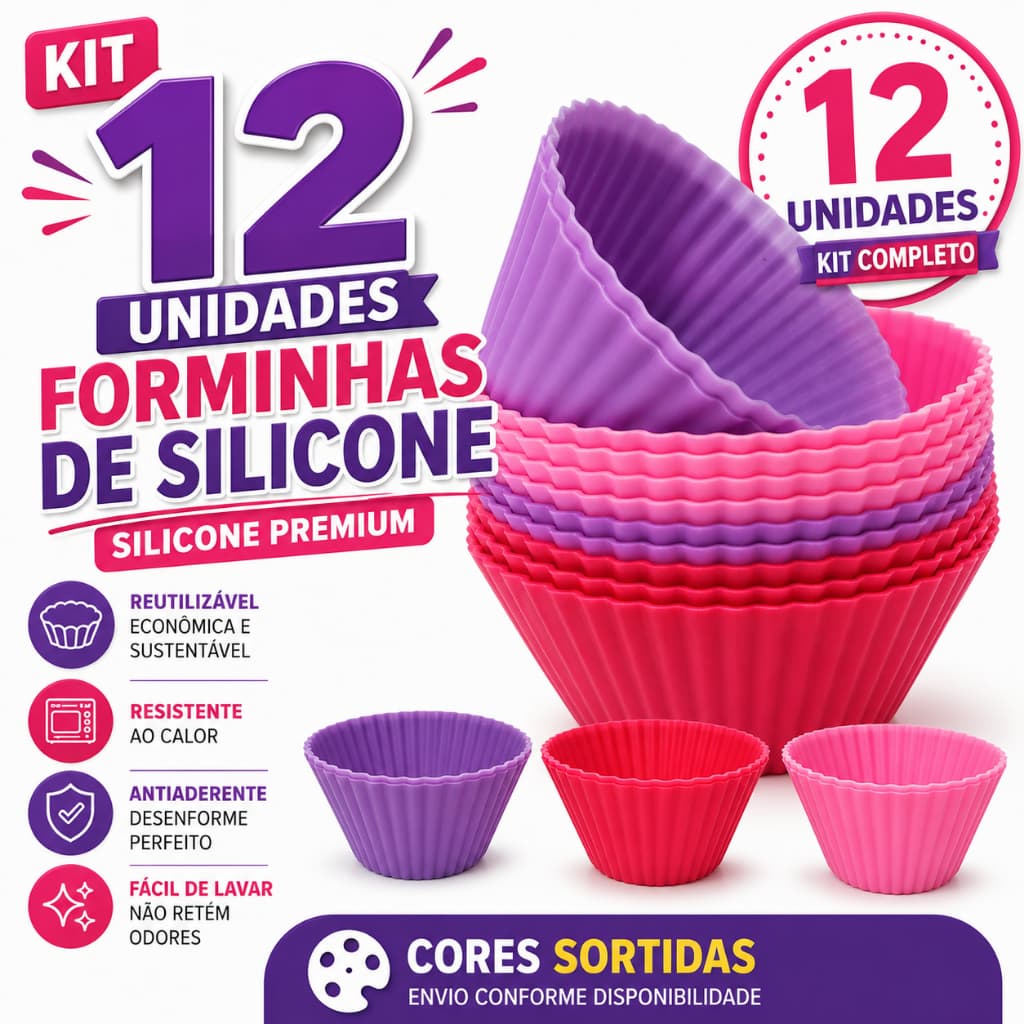 Kit 12 Forminhas de Silicone para Cupcake 7cm Forma Muffin Mini Bolo Antiaderente Reutilizável