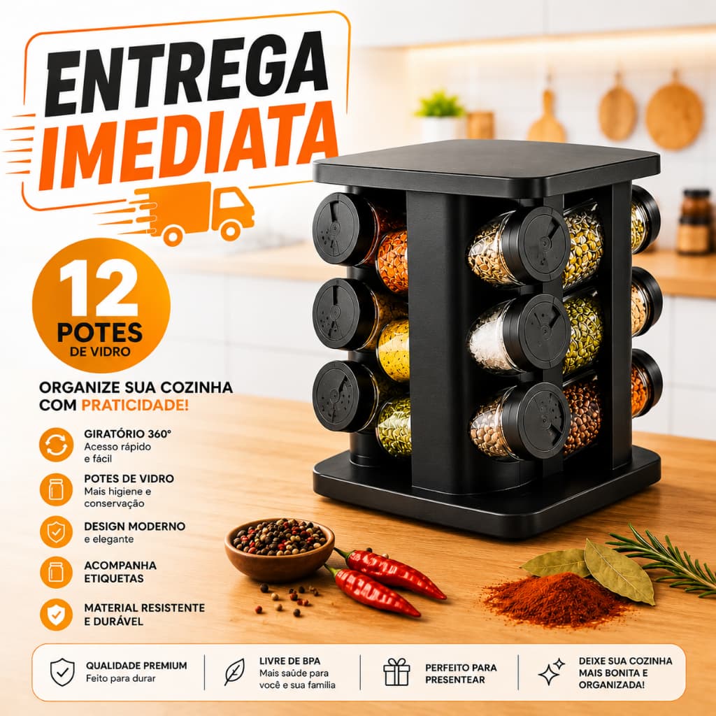 Porta Tempero Condimentos Giratório com 12 Potes de Vidro Preto 360 Graus com Tampa Dosadora
