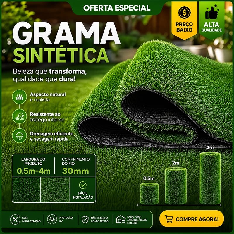 Grama Sintética 25mm 2x0,5M, Grama Artificial Verde para Jardim, Quintal e Decoração Externa