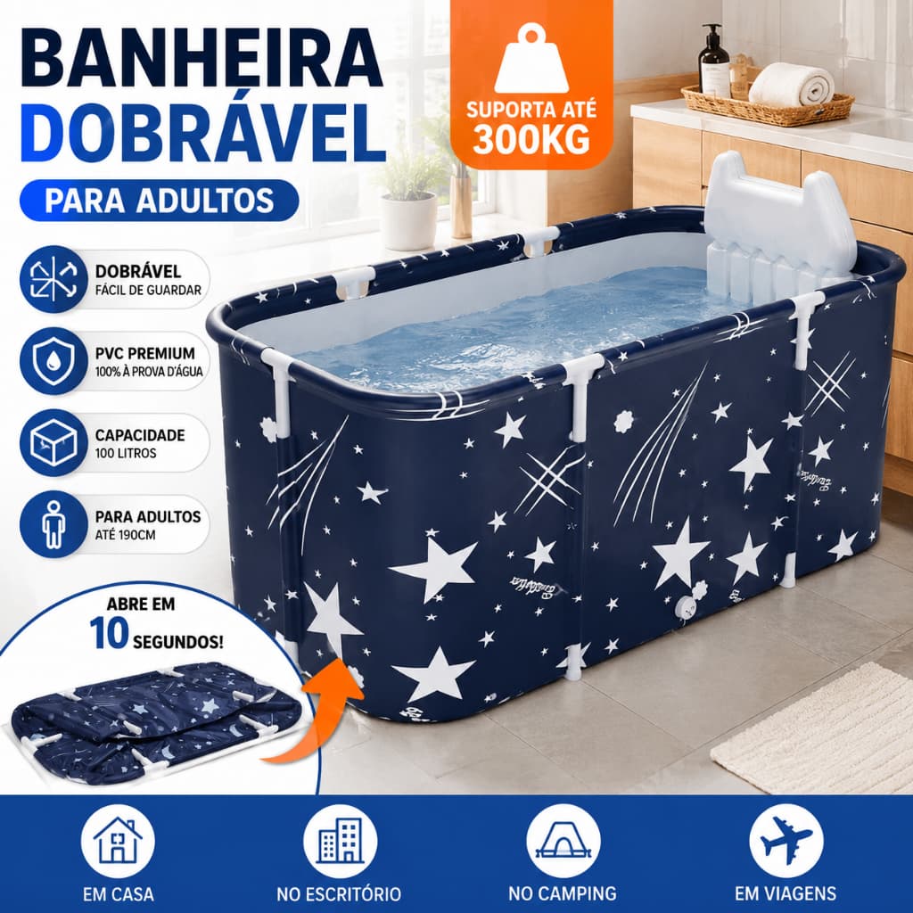 Banheira Dobrável para Adultos 120cm Portátil 100L PVC Impermeável para Casa Camping