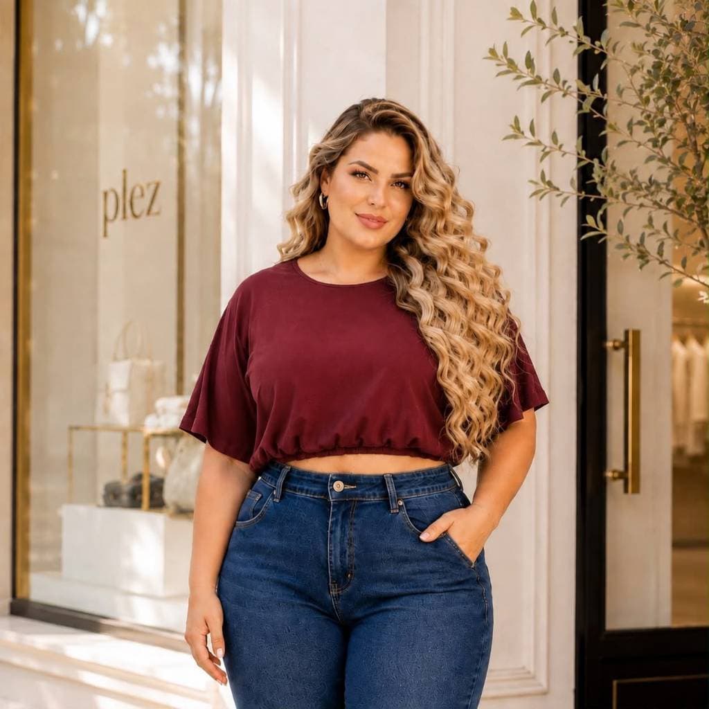 Cropped plus size gola redonda elástico na barra soltinho casual moderno verão blusa feminina básica