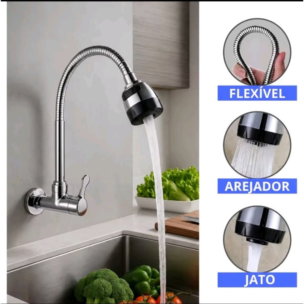 Torneira De Parede Para Cozinha Gourmet - Tubo Flexível Inox Cromado Alta Resistência
