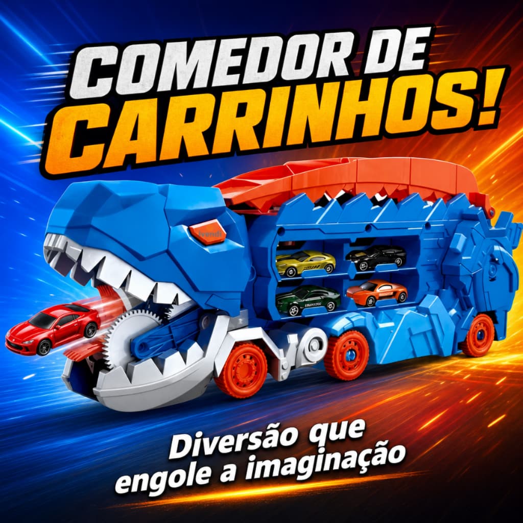 Dino Truck Comedor de Carros Caminhão T-Rex Azul com 6 Mini Carros Brinquedo Educativo 3+ Anos