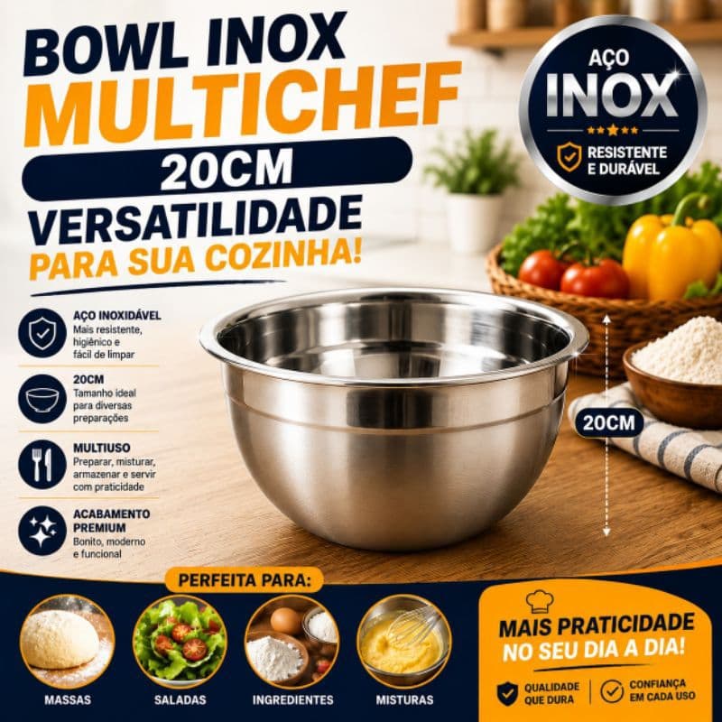 Tigela Bowl Inox 20cm Multiuso para Cozinha Massas Saladas e Preparo