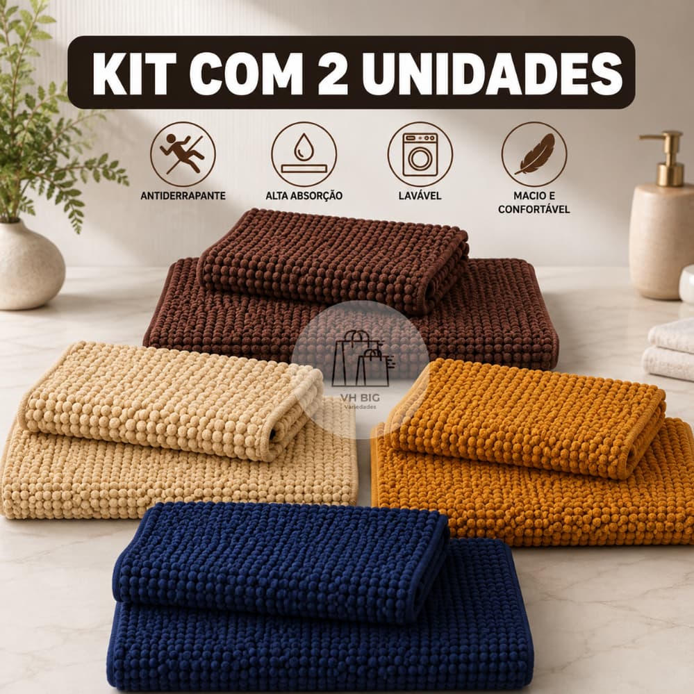 Kit 2 tapetes de banheiro em microfibra tipo pipoca, 38x58 cm, antiderrapantes, alta absorção, macios.