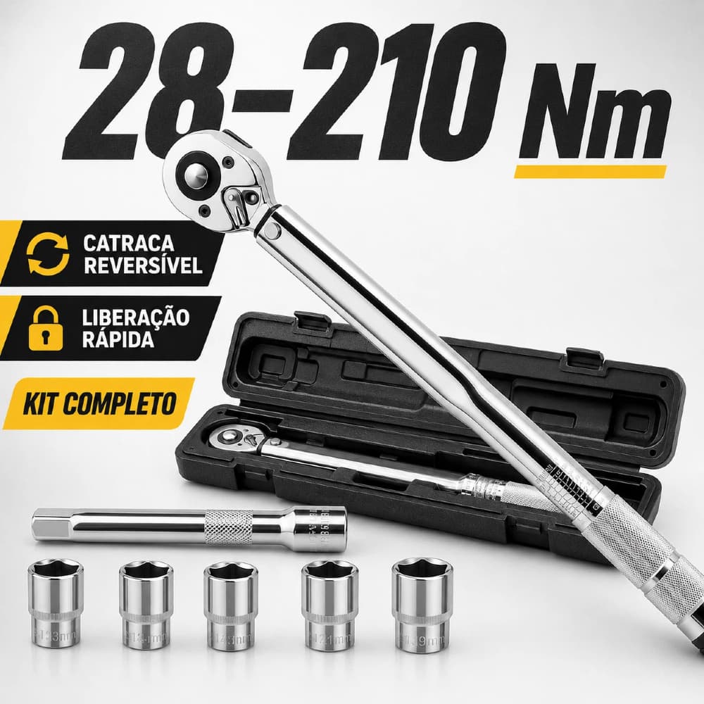 Kit de Torquímetro 8/11 Peças De Estalo 28-210Nm Reversível com Liberação Rápida e Função de Catraca