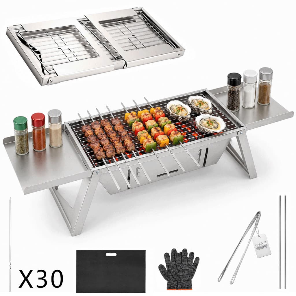 Churrasqueira Portátil Dobrável a Carvão em Aço Inox 304 com Grelha Mesa Lateral para Camping Praia Churrasco