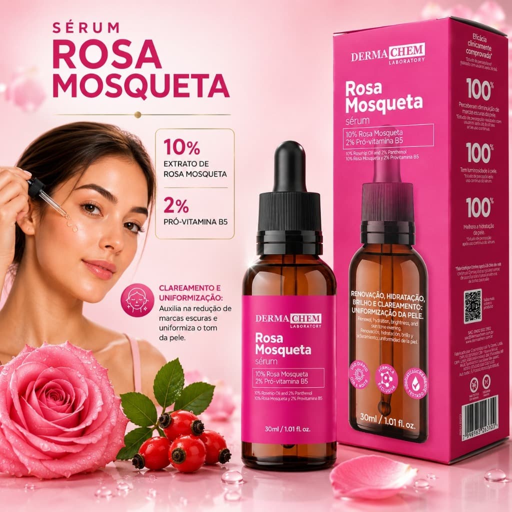 Sérum Facial Rosa Mosqueta Dermachem 30ml Clareador de Manchas e Hidratação Profunda.