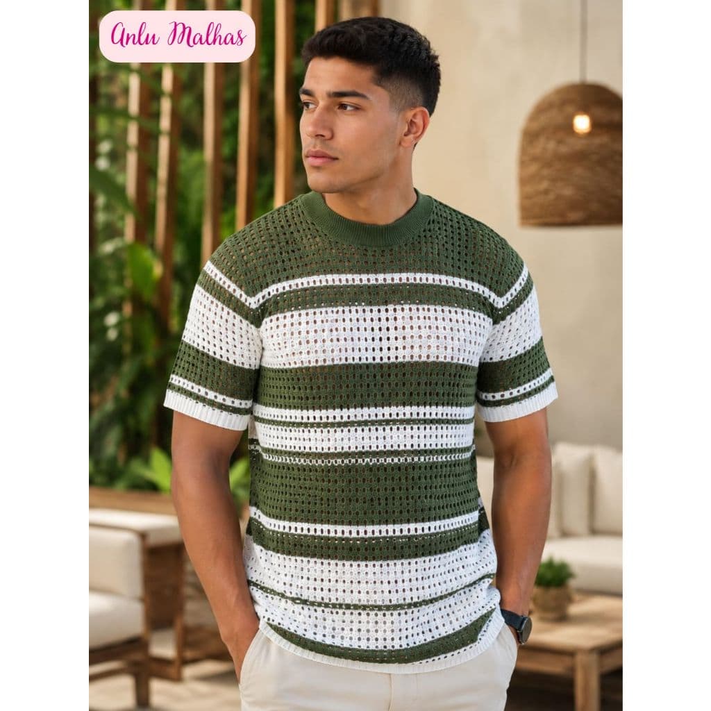 Blusa Listrada Masculina Tricot Camiseta Vazado Elegante Gola Redonda Tricô Moda Verão