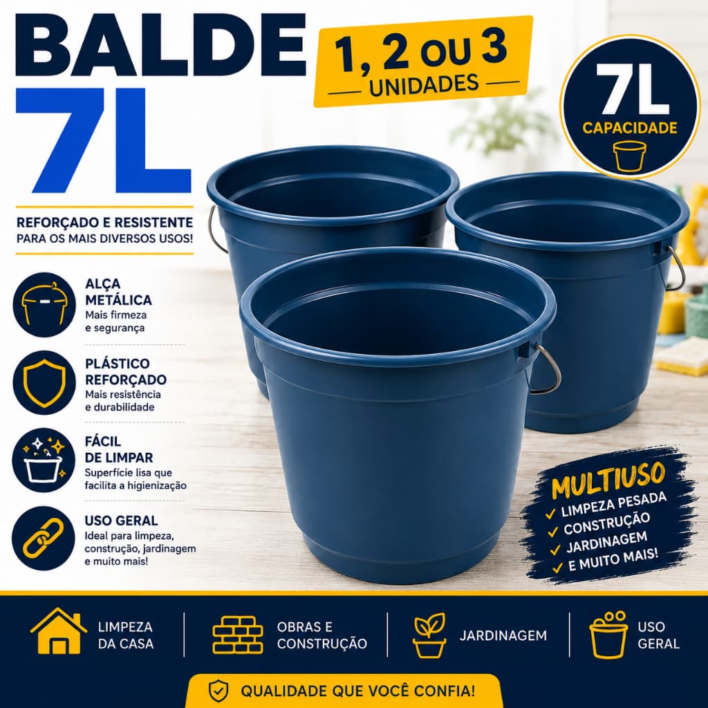 Kit 3 Baldes 7L Plástico Reforçado Resistente Limpeza Pesada Obra Construção Multiuso