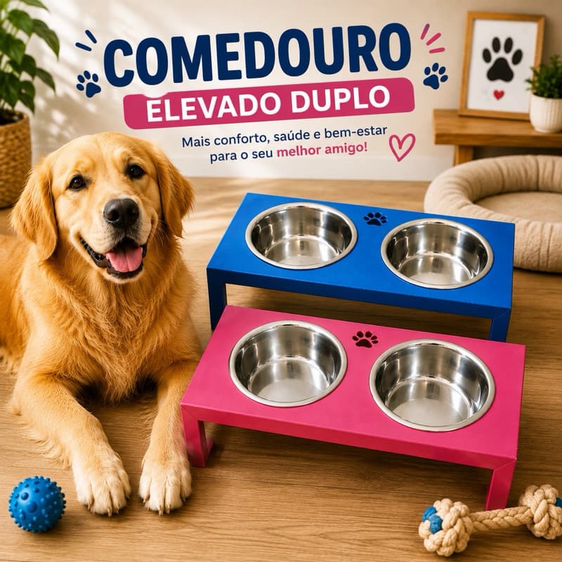 Comedouro Elevado Duplo Pequeno para Cães e Gatos com 2 Pote em Inox – Alimentador Pet Antiderrapante, Higiênico