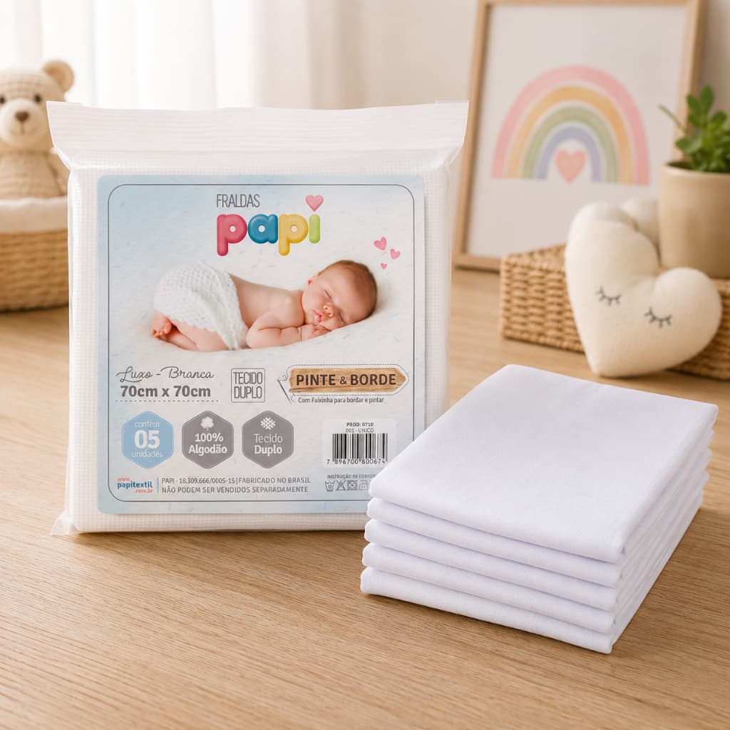 FRALDA LUXO PINTE E BORDE TECIDO DUPLO KITC/5UN BEBÊ C/FAIXA P/BORDAR E PINTAR-PANO BRANCA LISA PAPI