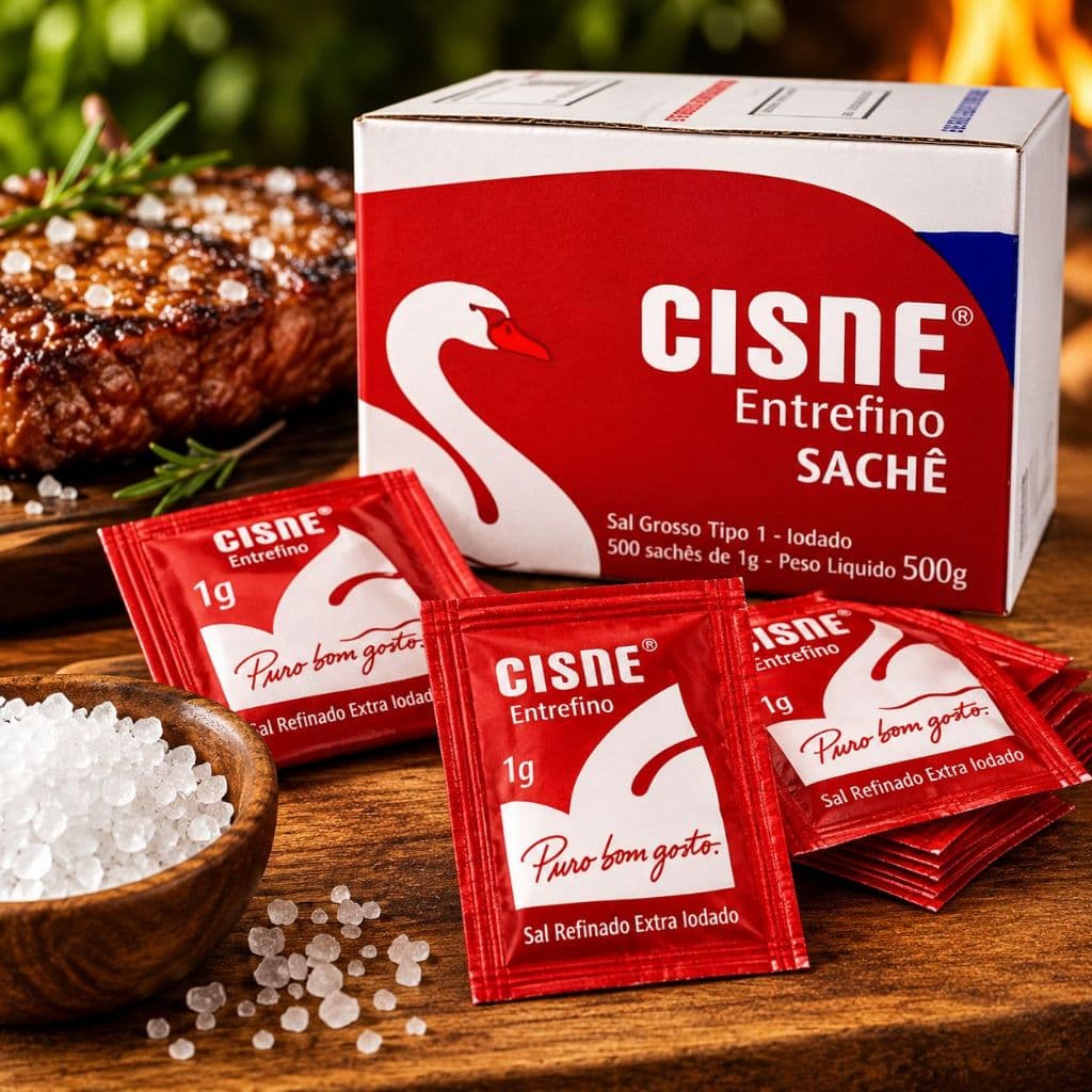 Sal Grosso Cisne Entrefino Sachê 1g Caixa com aproximadamente 500 Sachês Churrasco Restaurante Marmita Evento