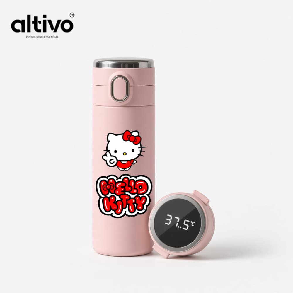 Garrafa Térmica Infantil Sanrio Hello Kitty 420ml com Termômetro Digital em Aço Inoxidável