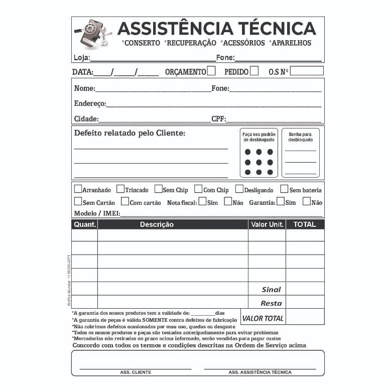 Talões Assistência Conserto Técnico  10x14 Bloco c/ 50 folhas Orçamento Recibo / Ordem  Serviço Papelaria