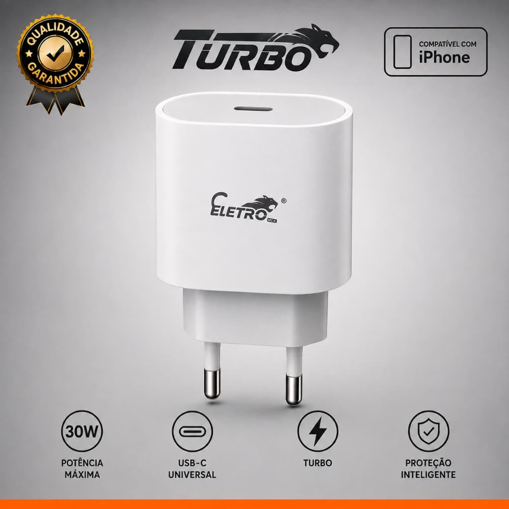 Carregador para iPhone 30W Turbo Original Eletromex Fonte USB-C