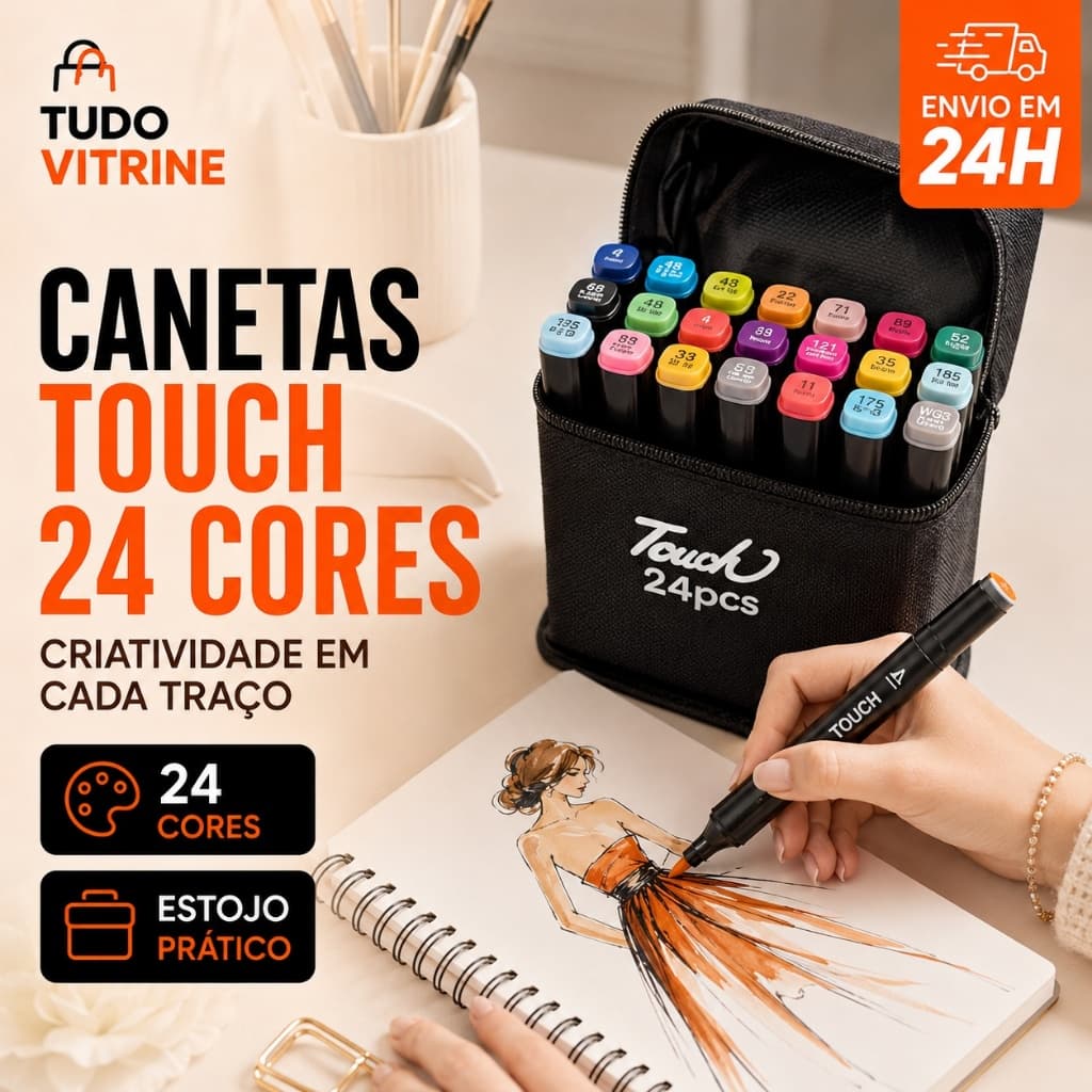 Kit 24 Canetas Touch Coloridas com Estojo – Marcadores para Desenho, Lettering, Estudos e Ilustração