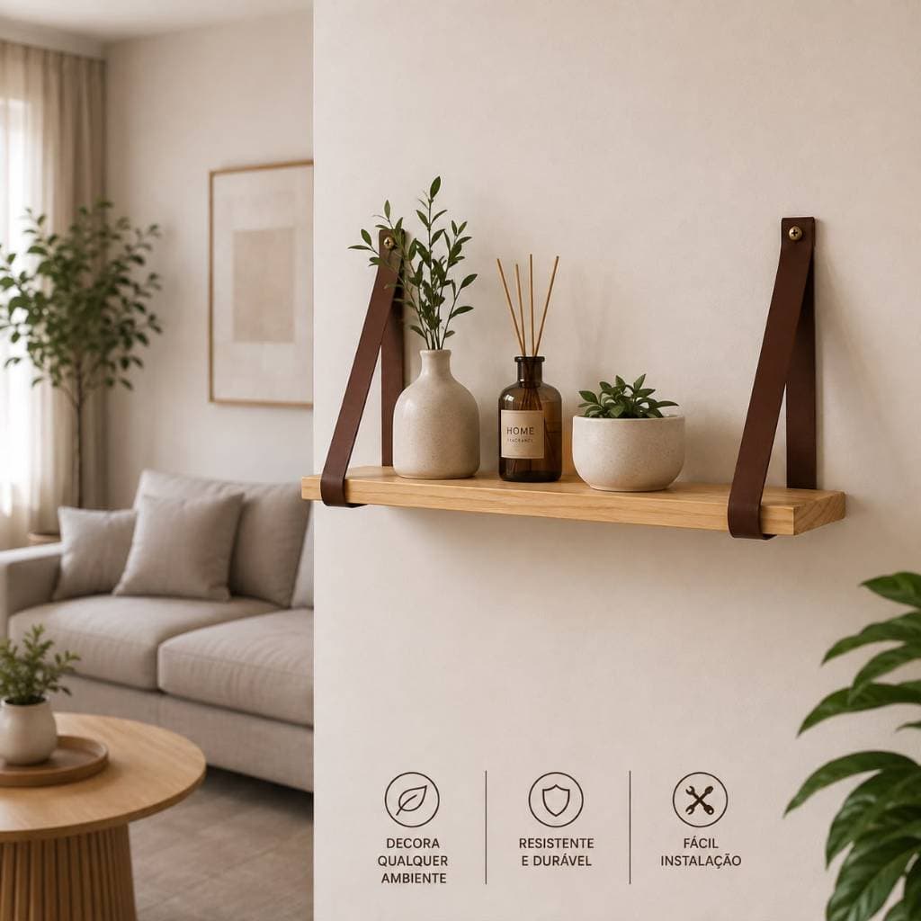 Prateleira Suspensa de Madeira Pinus 40 cm com Alça de Couro Parede Decorativa KIT