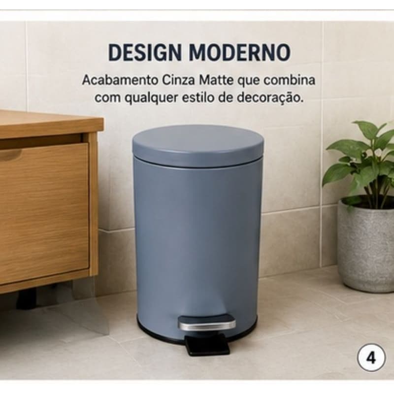 Lixeira Redonda 3 Litros com Pedal Aço Cinza Fosco Compacta para Banheiro Cozinha Escritório