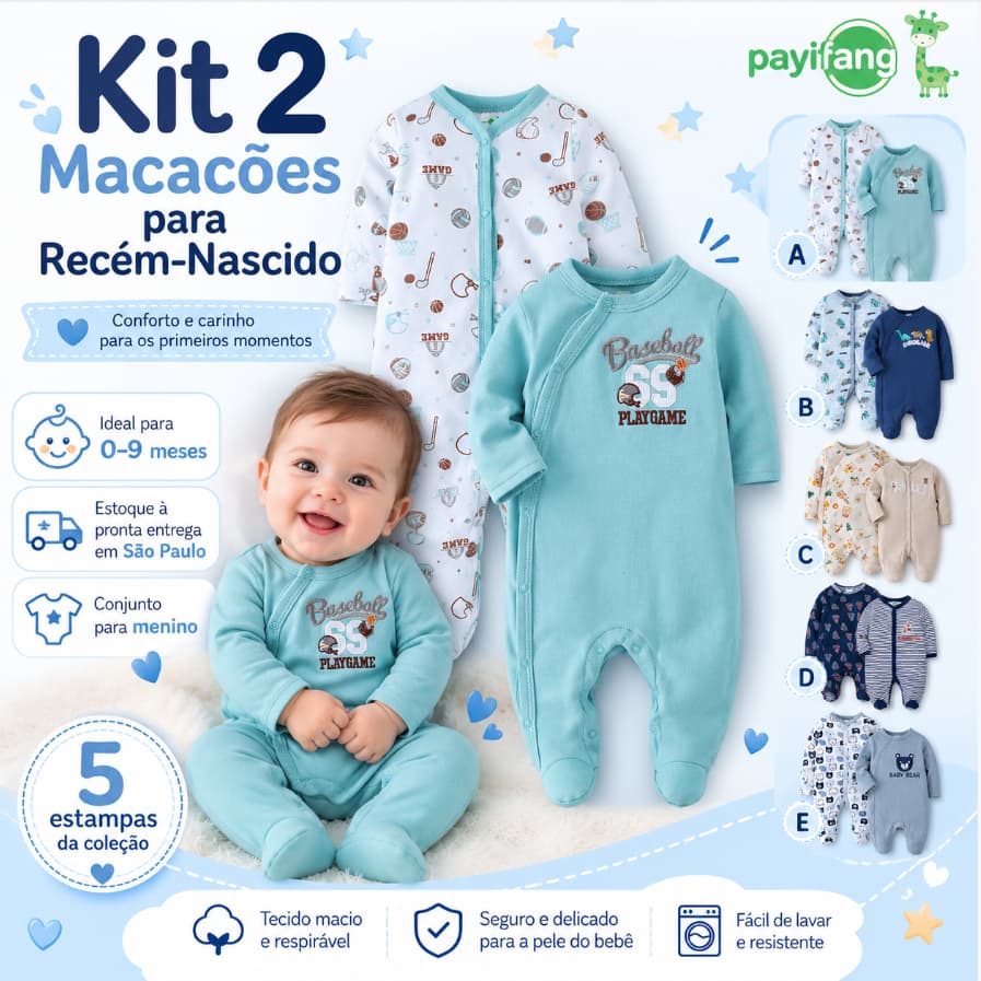 Kit 2 Macacão Pijama Bebê Urso Baby Bear Azul Payifang 100% Algodão Grosso Quente 0-3 3-6 6-9 Meses Com Pé Botão Lateral