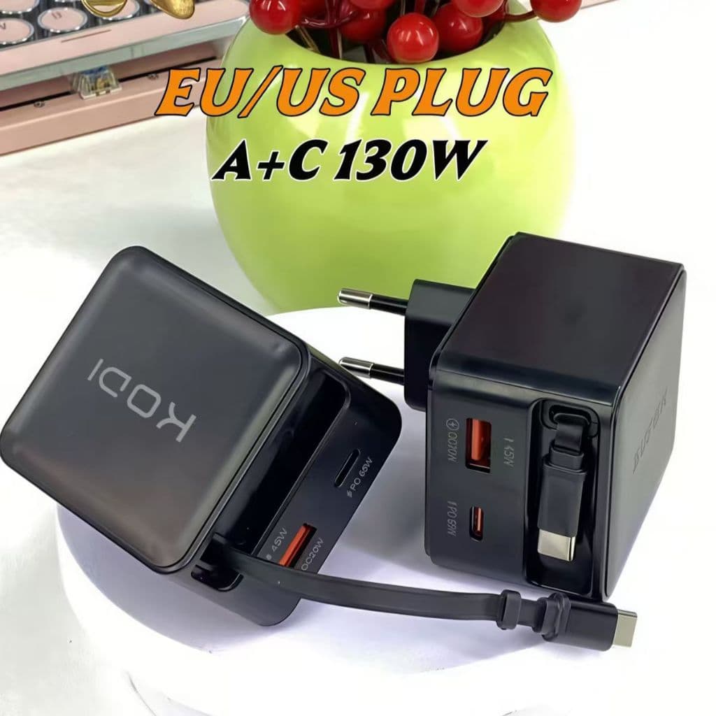 Carregador KODI Super Fast - 2 USB-C e 1 USB-A (PD/QC)130W, Cabo Retrátil Magnético,Ideal para Celular e Notebook A3
